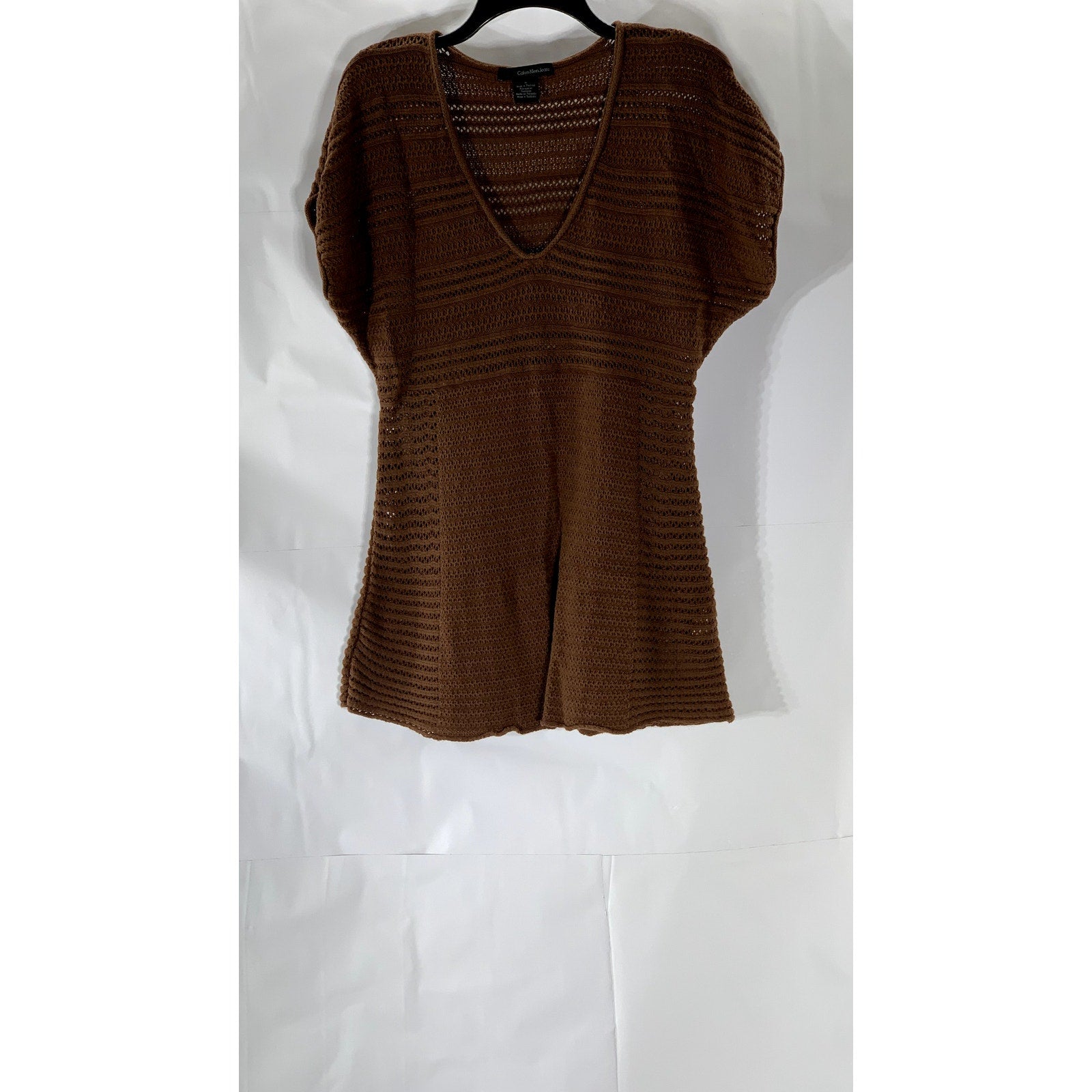 CALVIN KLEIN JEANS Women's Brown Crochet Knit V-Neck Short Sleeve Top SZ M