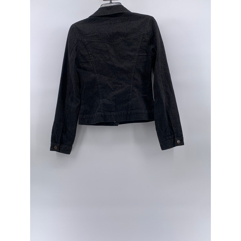 BCBG JEANS Women's Vintage Black Denim Shimmer Button-Up Regular-Fit Jacket SZXS