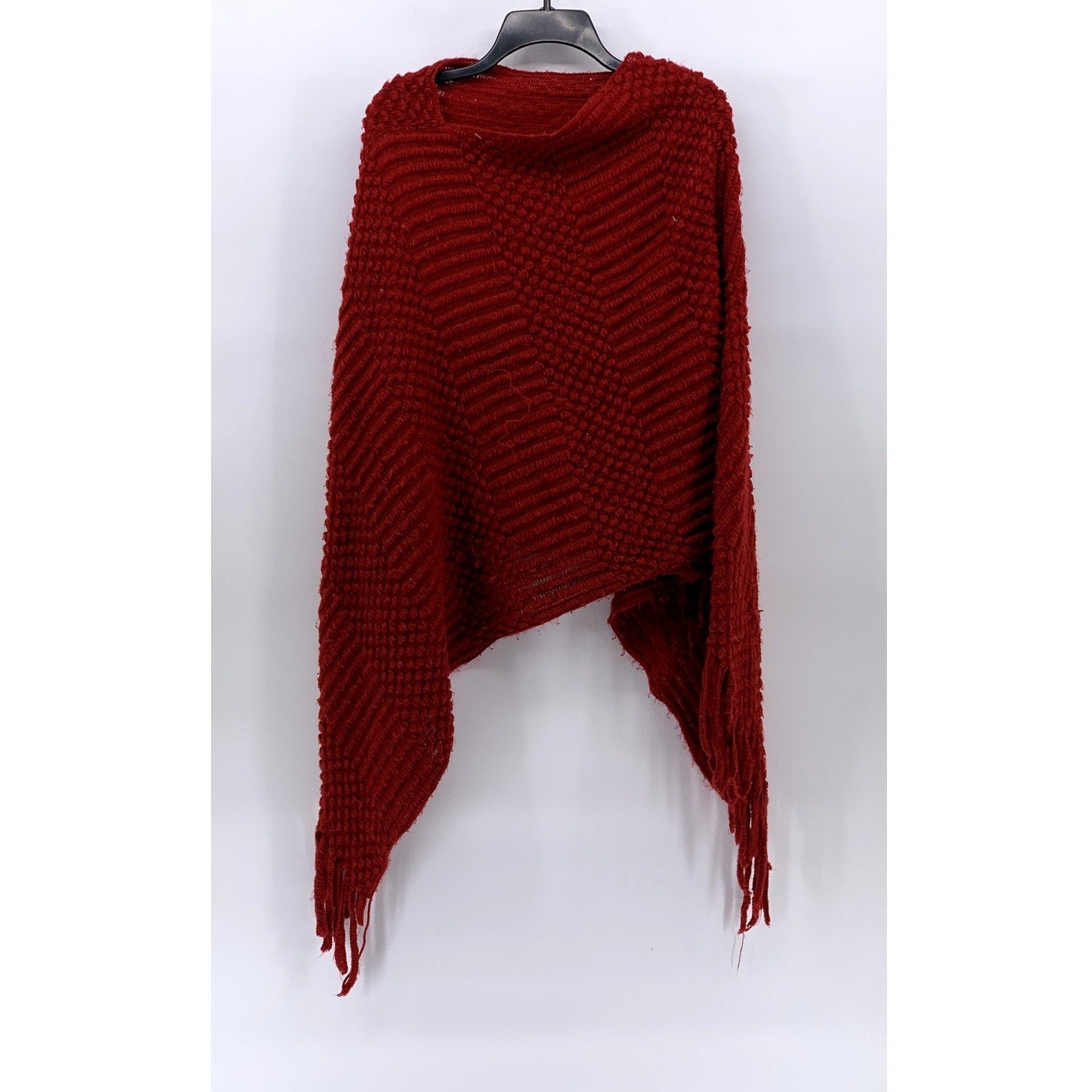 UNBRANDED Women's Red Textured Knit Asymmetrical Fringe Pullover Poncho SZ OS