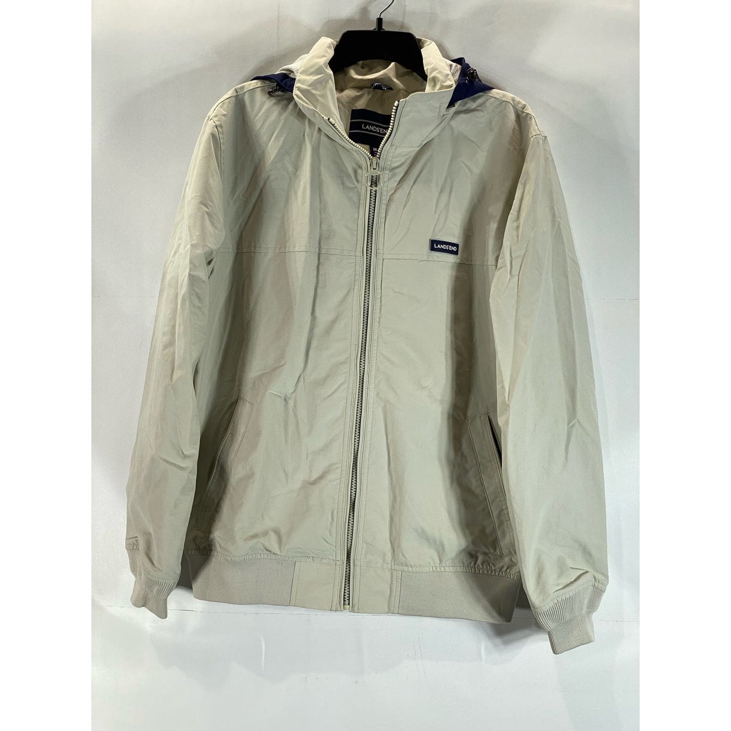 LANDS' END Men's Beige Tall Removable Hood Zip-Up Bomber Jacket SZ M/T