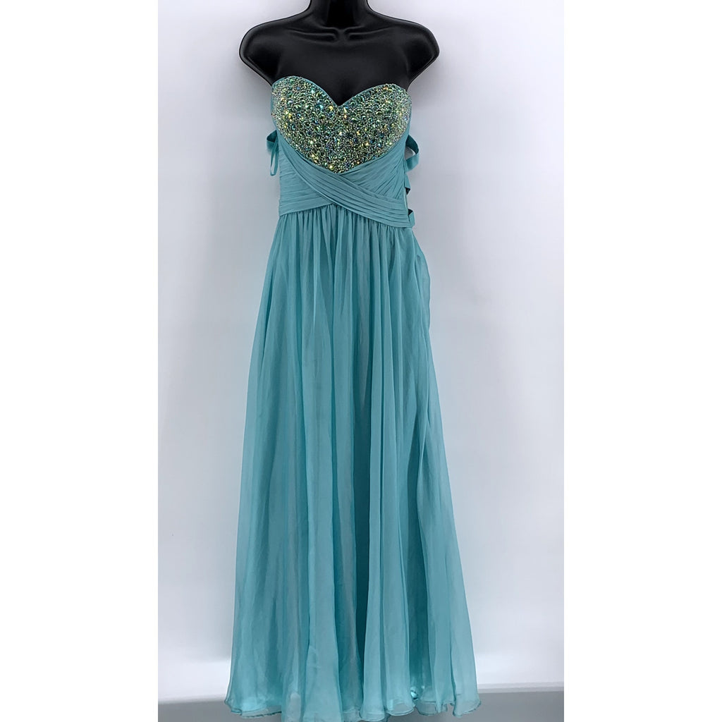 LA FEMME Women's Blue Rhinestone Strappy-Back Strapless Gown SZ 6