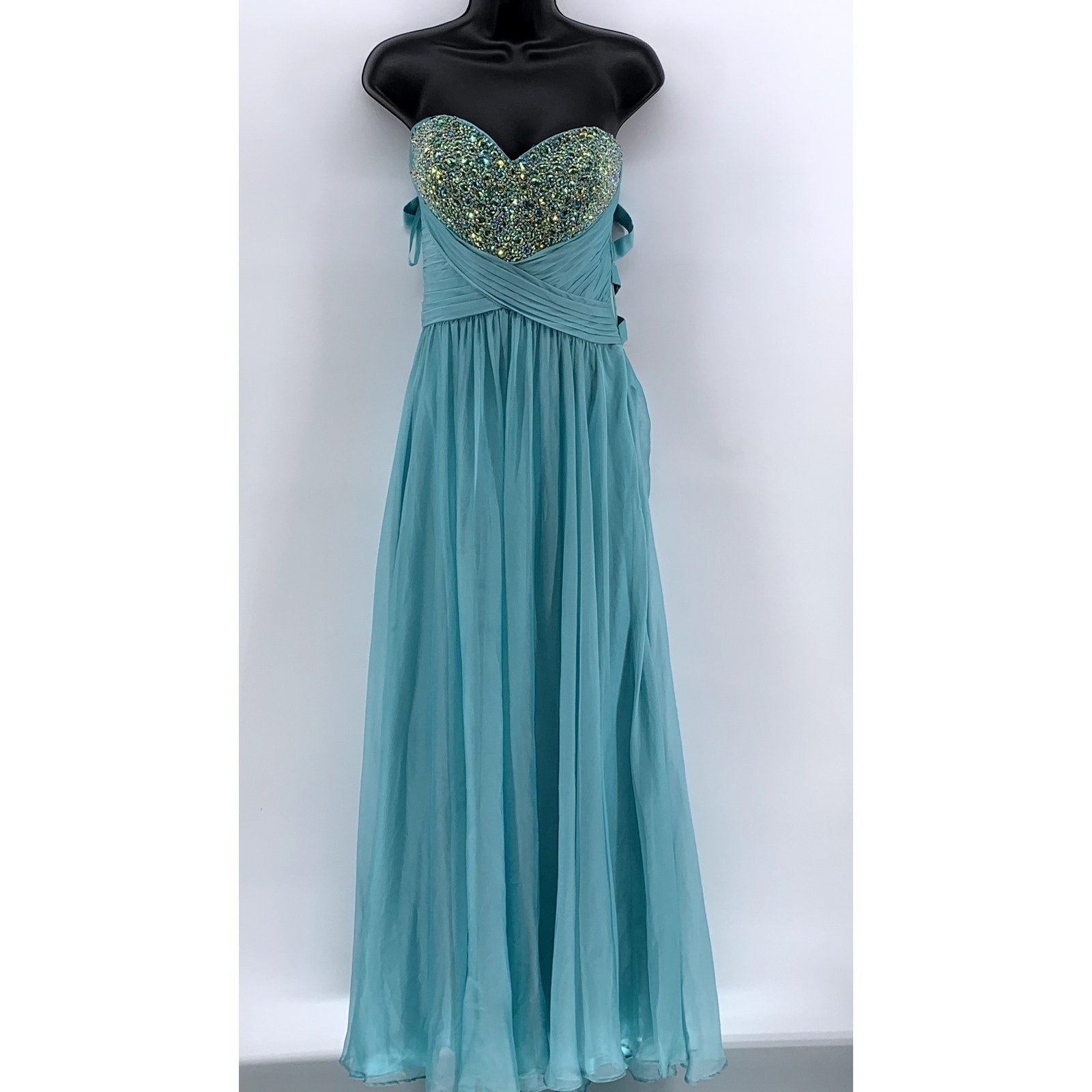 LA FEMME Women's Blue Rhinestone Strappy-Back Strapless Gown SZ 6