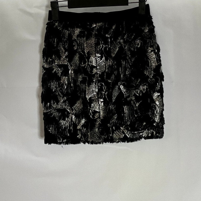 ZARA W&B Women's Black/Silver Sequin Embellished Pull-On Mini Skirt SZ S