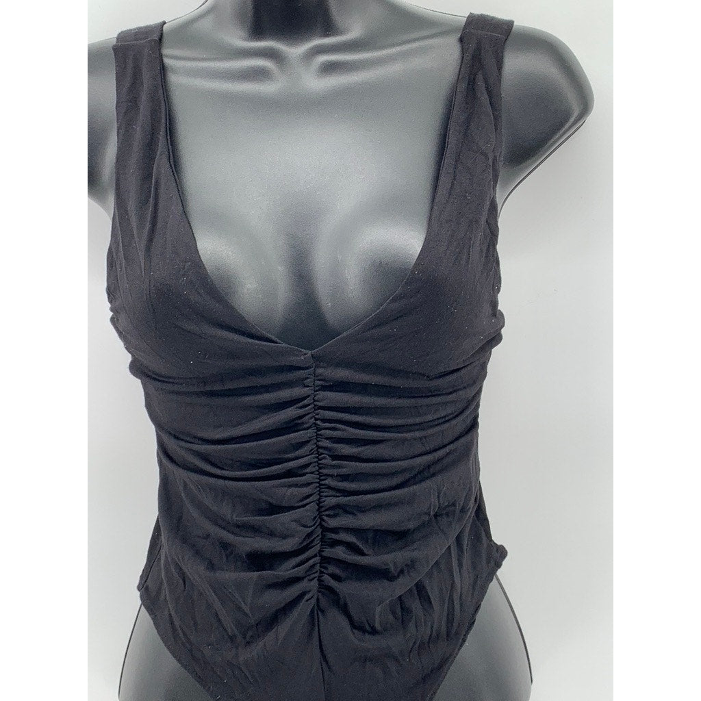 ZARA Women's Black Ruched V-Neck Tank Bodysuit SZ S
