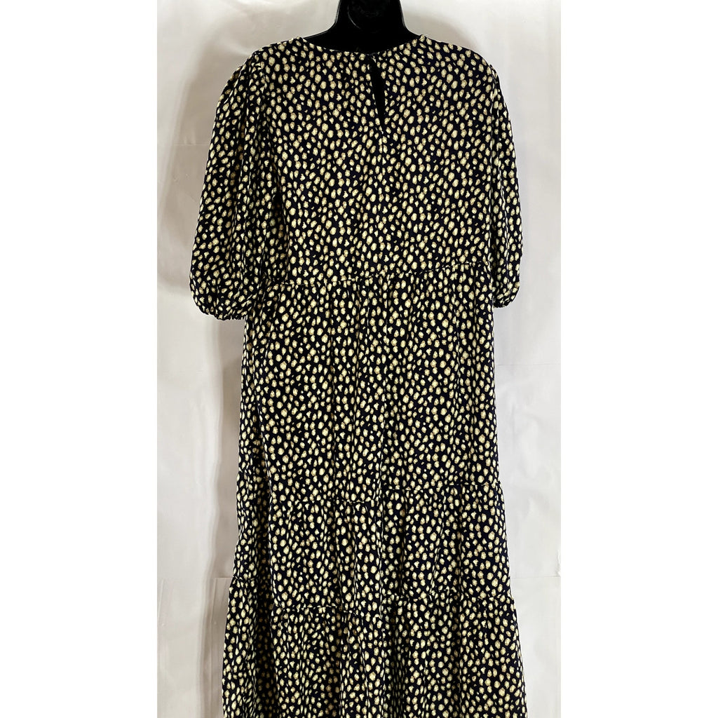 CALISTA Women's Navy Printed Crewneck Puff-Sleeve Tiered Midi Dress SZ L