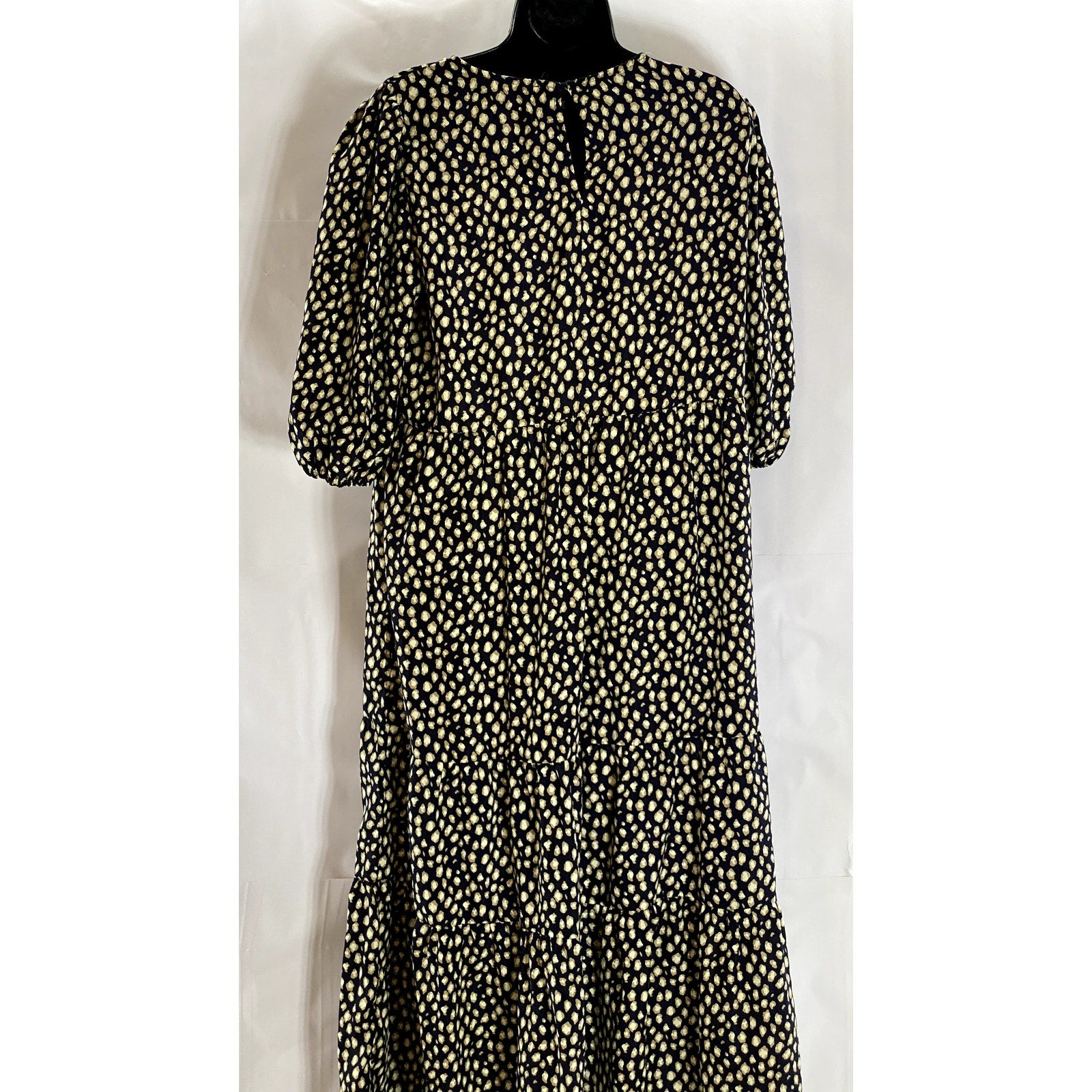 CALISTA Women's Navy Printed Crewneck Puff-Sleeve Tiered Midi Dress SZ L