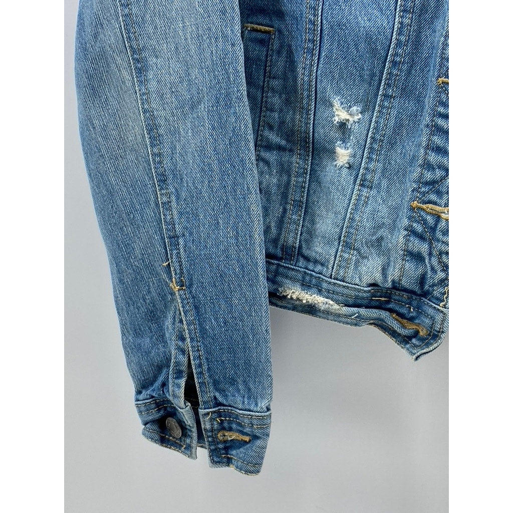 MOSSIMO SUPPLY CO Women's Blue Denim Distressed Oversized Button-Up Jacket SZ S