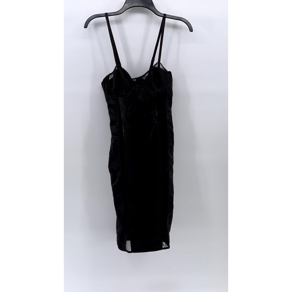 LUXXEL Women's Black Satin Mesh Spaghetti Strap Bodycon Mini Dress SZ S