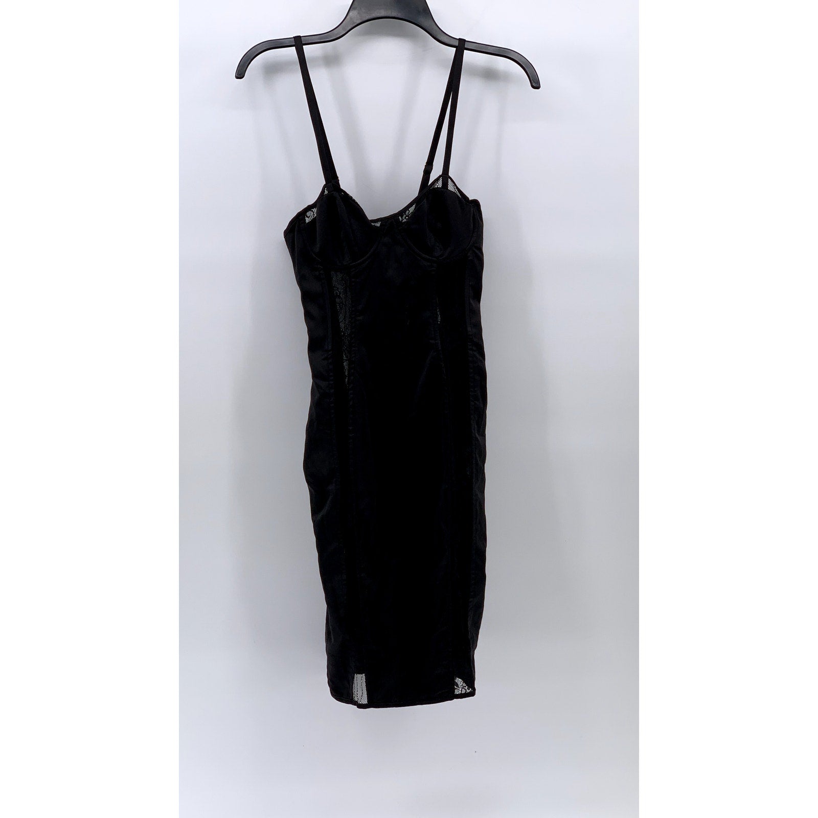 LUXXEL Women's Black Satin Mesh Spaghetti Strap Bodycon Mini Dress SZ S