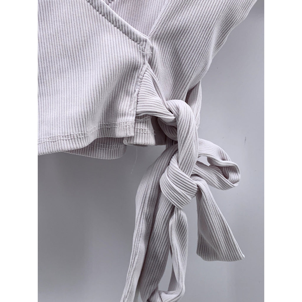 REVAMPED Women's White Ribbed V-Neck Short Sleeve Cropped Wrap Top SZ S