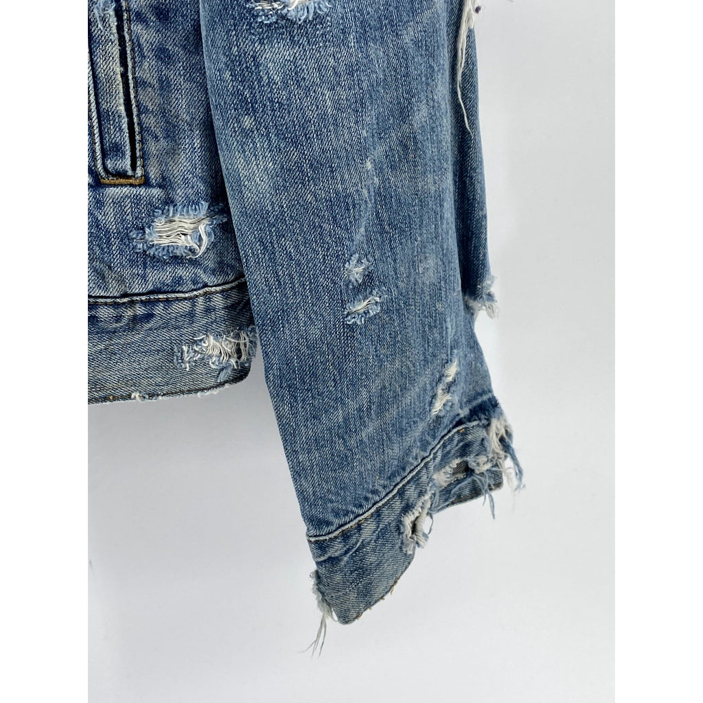 LEVI'S Men's Medium Wash Distressed Patchwork Streetwear Button-Up Jacket SZ M/L
