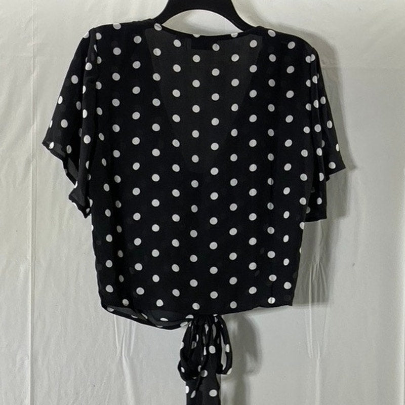 NEW YORK & COMPANY Women's Black/White Polka Dot V-Neck Tie Short Sleeve Top SZM