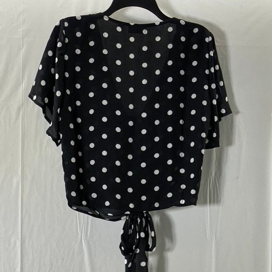 NEW YORK & COMPANY Women's Black/White Polka Dot V-Neck Tie Short Sleeve Top SZM