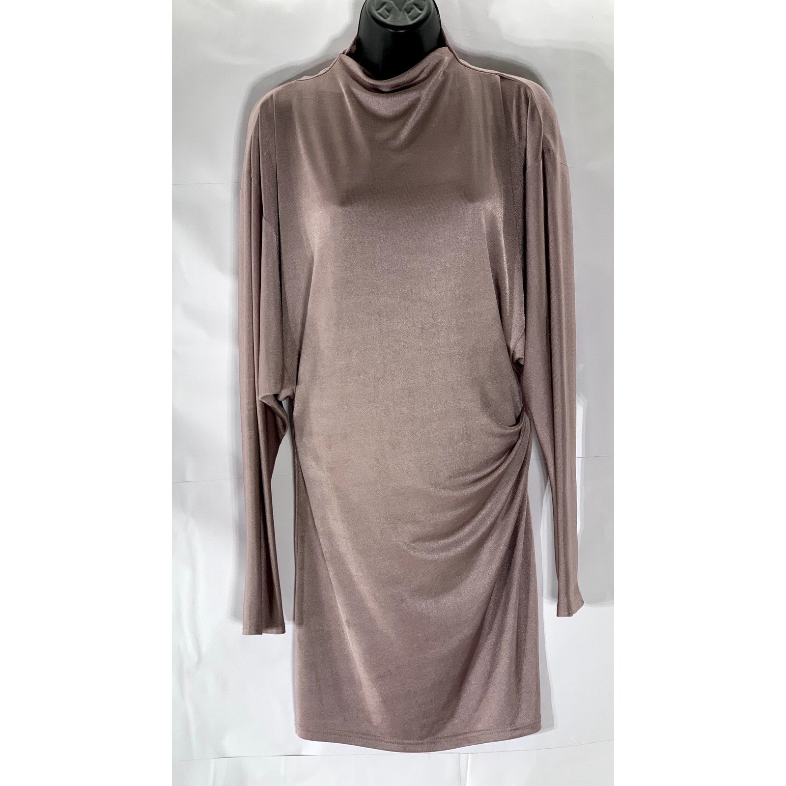 ZARA Women’s Pink Silk Mock-Neck Long Sleeve Side-Ruched Mini Dress SZ S