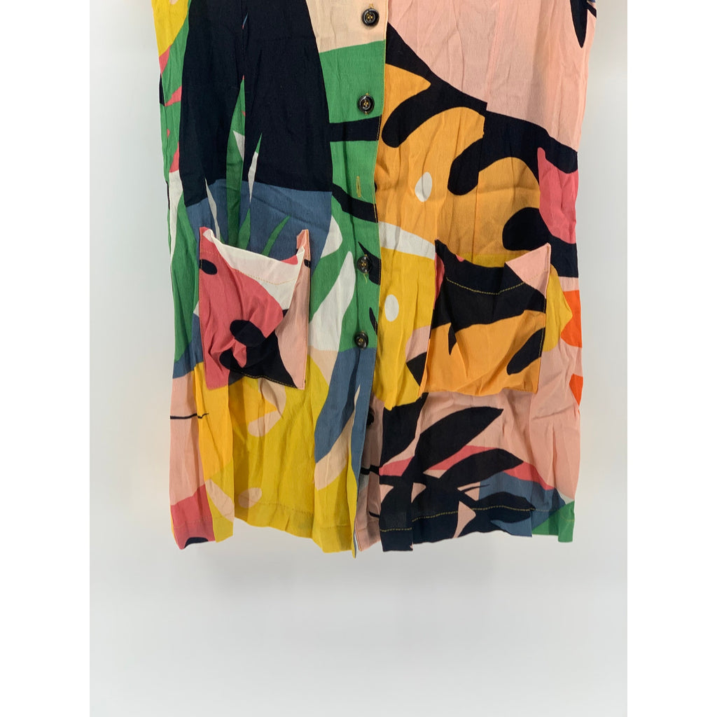 OLIVACIOUS Women's Yellow-Multicolor Tropical Print Button-Up Shirt Dress SZ M