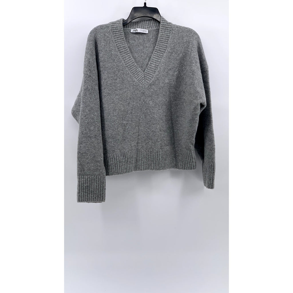 ZARA Women's Light Gray V-Neck Long Sleeve Sweater SZ XS