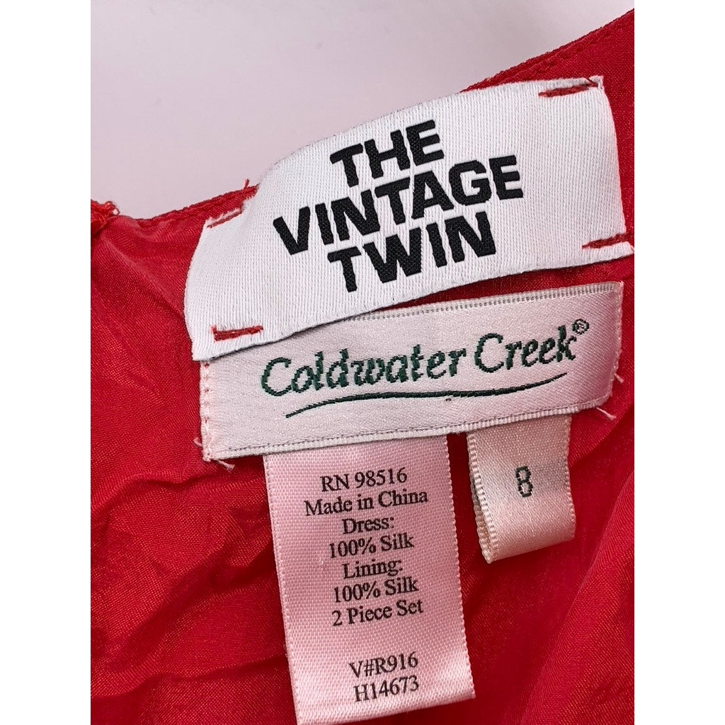 COLDWATER CREEK Women's Red Floral The Vintage Twin Scoop-Neck Silk Dress SZ S