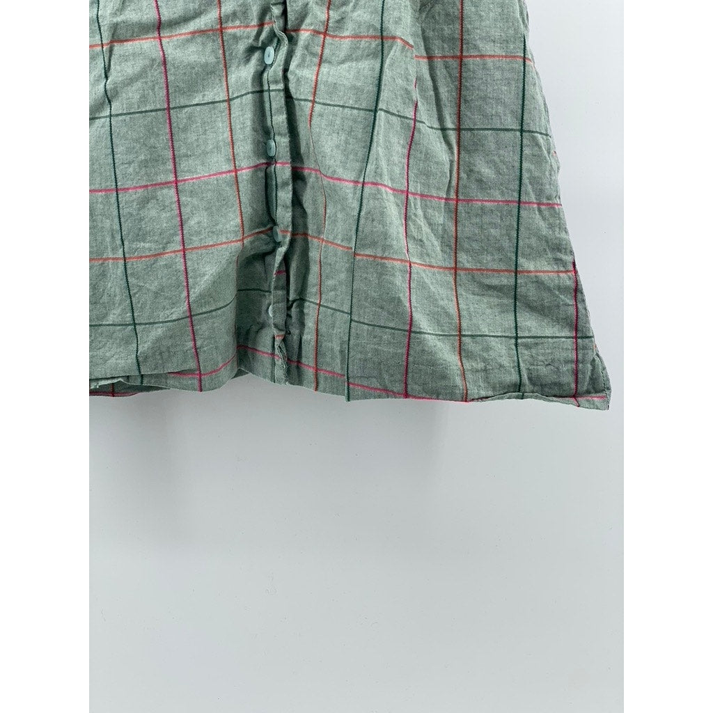 UNBRANDED Women's Green Windowpane Collared Button-Up Sleeveless Cropped Top SZS