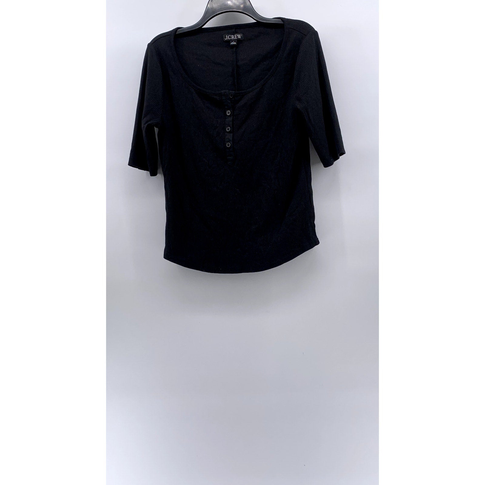 J.CREW Women's Vintage Black Ribbed Elbow Sleeve Henley Top SZ L