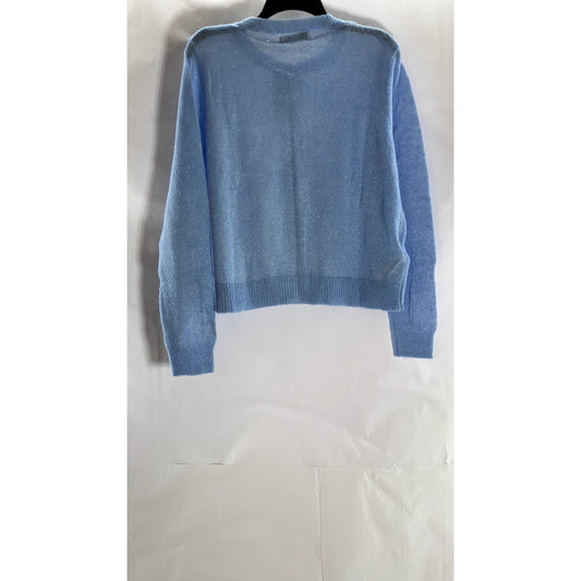 MANGO Women's Sky Blue Lurex Knit Button-Up Crewneck Cardigan SZ L
