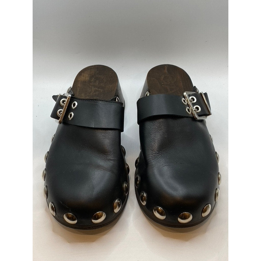 GANNI Women's Black Leather Retro Studded Slip-On Clog SZ 39(US9)