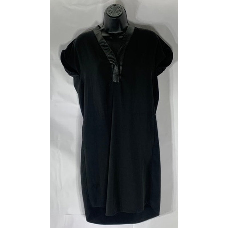 CALVIN KLEIN Women's Black Faux Leather Trim V-Neck Shift Round-Hem Dress SZ 6