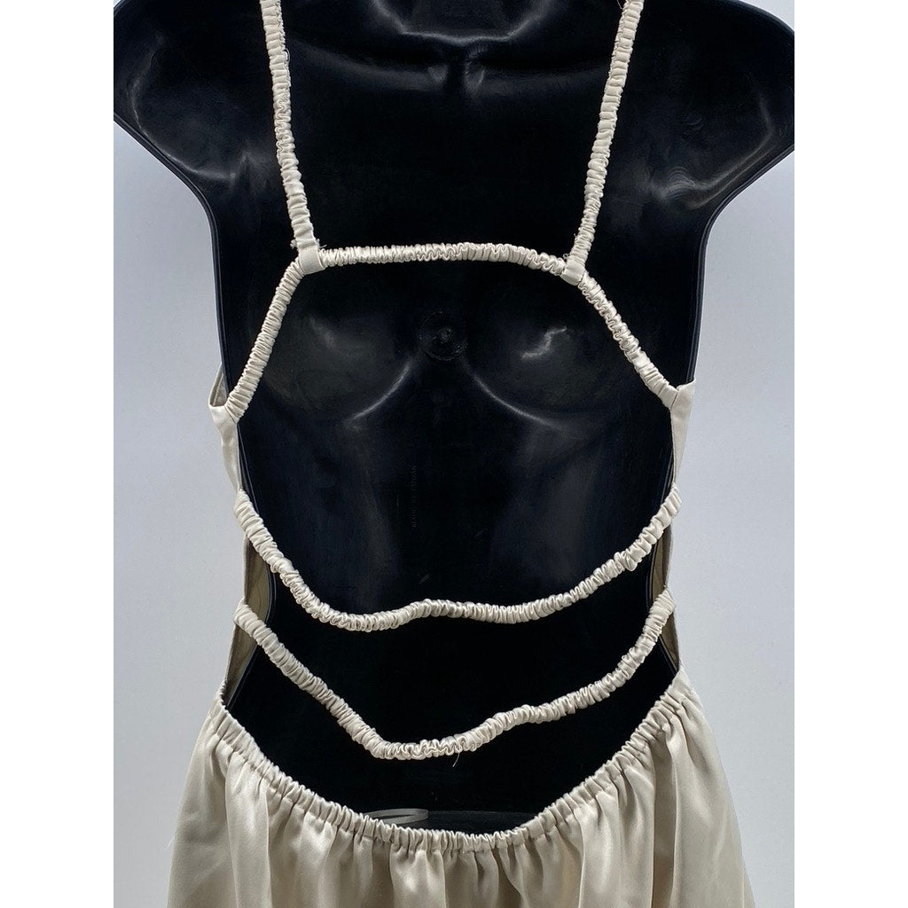 SUNDAYS Women's Beige V-Neck Scrunched Strappy Open Back Fit & Flare Dress SZ M