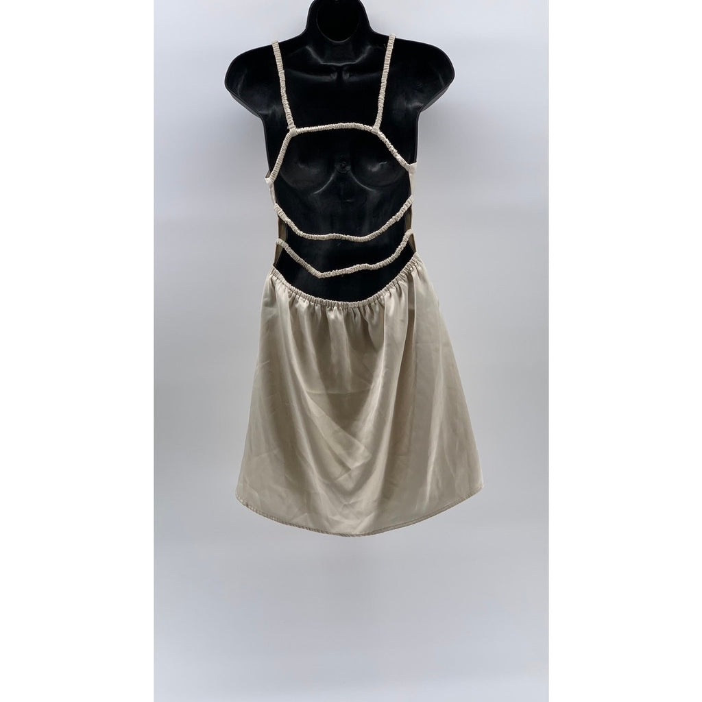 SUNDAYS Women's Beige V-Neck Scrunched Strappy Open Back Fit & Flare Dress SZ M