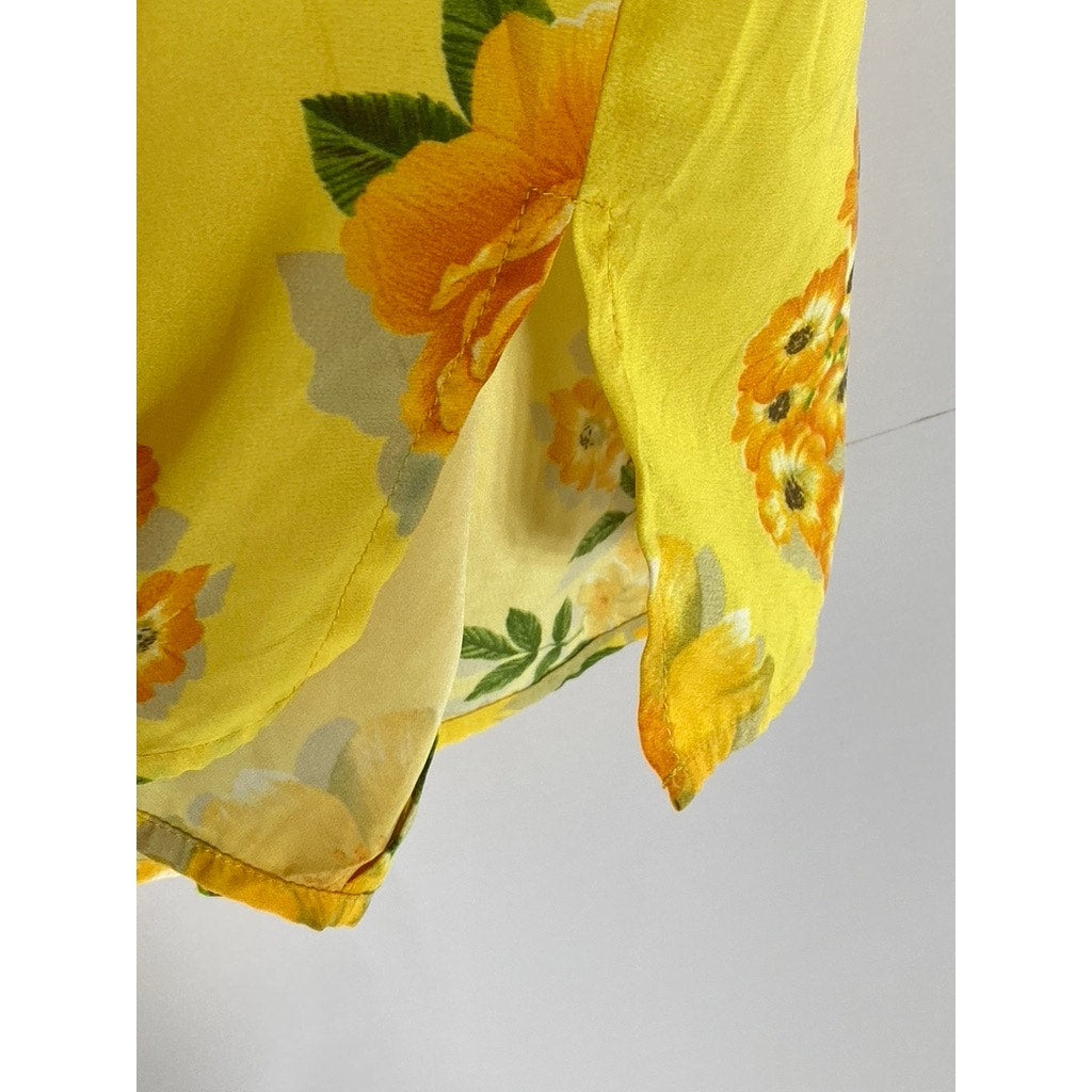SIMPLE RETRO Women's Yellow/Orange Floral Print Short Sleeve Button-Up Top SZ S