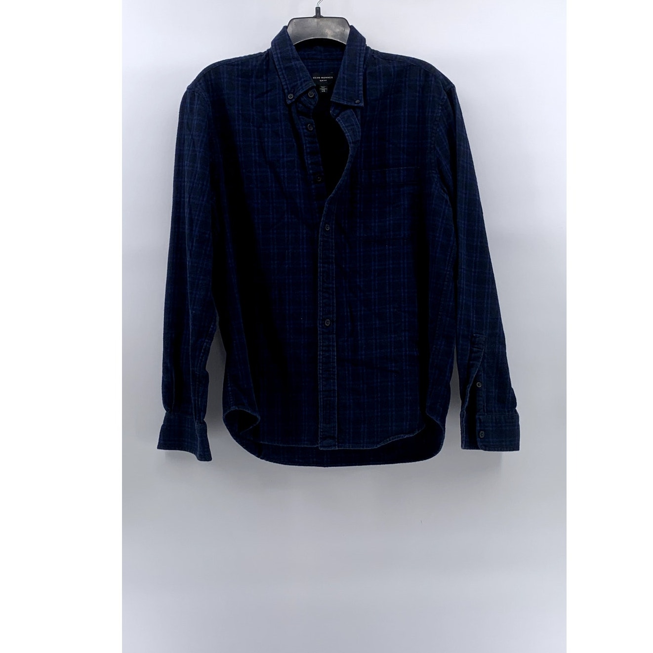 CLUB MONACO Men's Dark Blue-Black Check Slim-Fit Button-Up Long Sleeve Shirt SZL