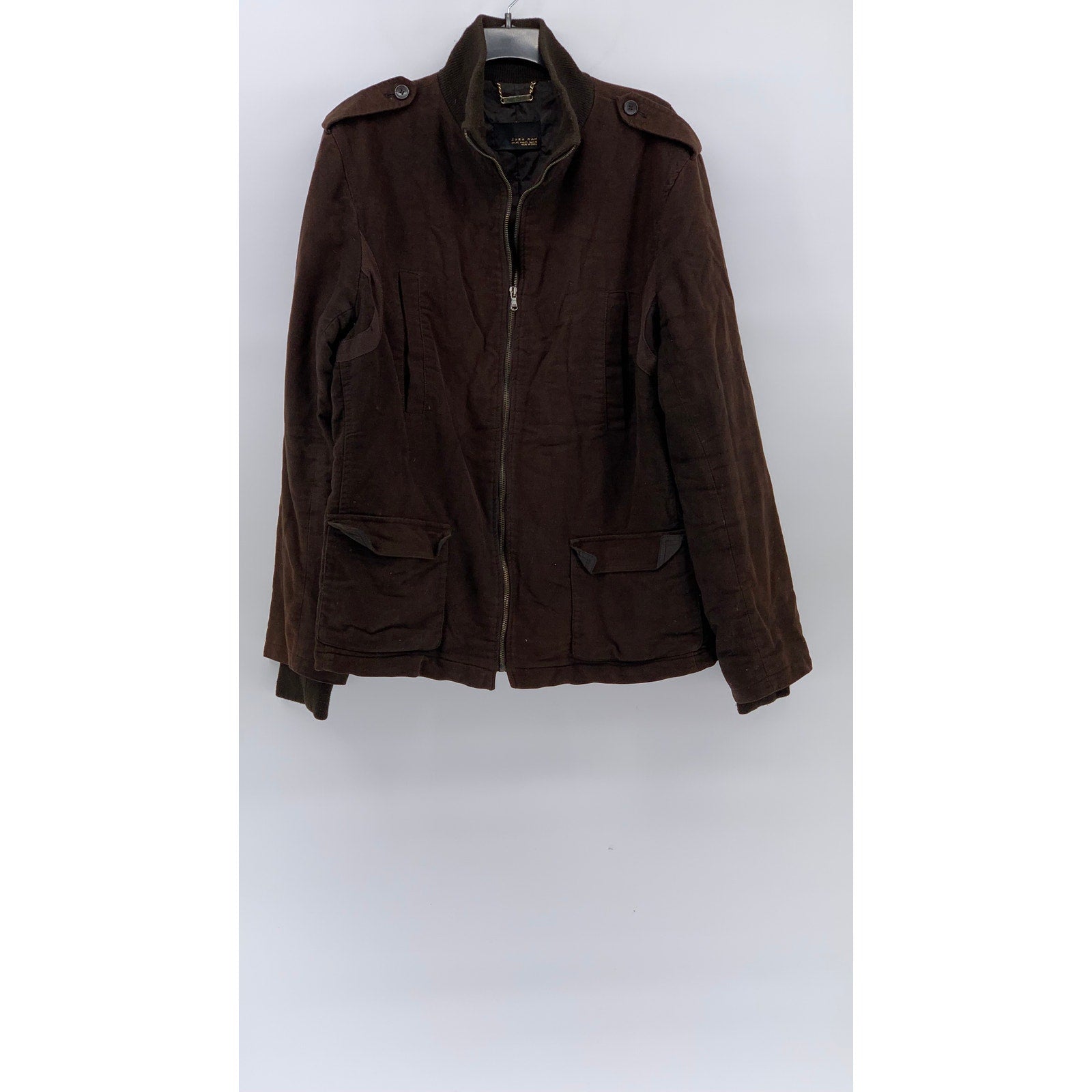ZARA Men's Brown Zip-Up Stand Collar Military Long Sleeve Jacket SZ XL