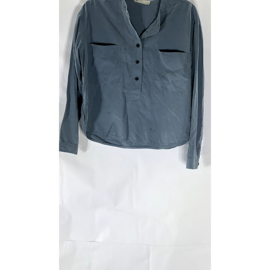 EVERLANE Women's Blue Washable Silk Long Sleeve Henley Patch Pocket Top SZ 2