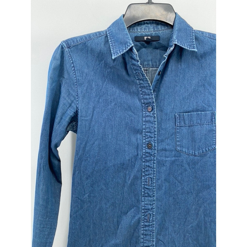 UNIQLO Women's Blue Denim Button-Up Long Sleeve Fitted Top SZ XS