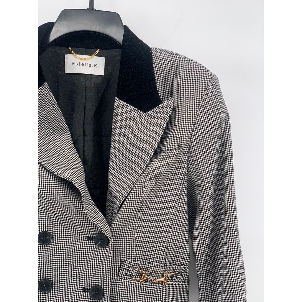 ESTELLA.K Women's Black-Gray Houndstooth Short Kaia Peak-Collar Blazer SZ OS