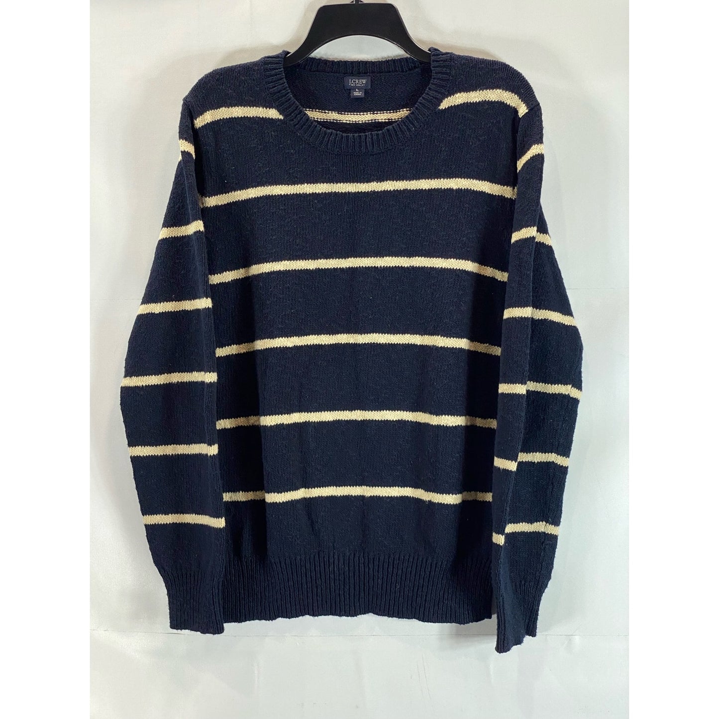 J. CREW Men's Navy/Cream Striped Crewneck Knit Pullover Sweater SZ L