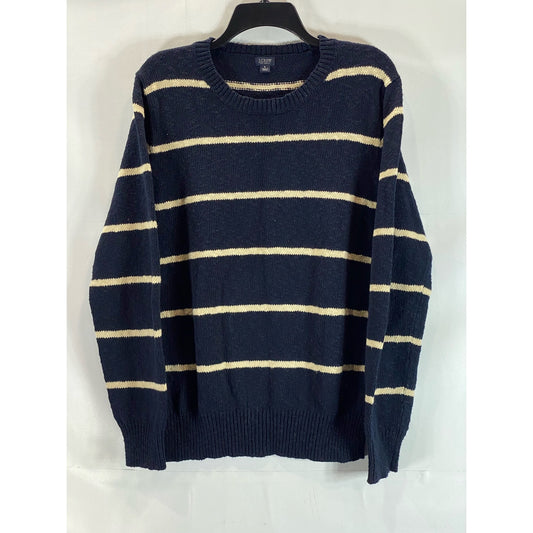 J. CREW Men's Navy/Cream Striped Crewneck Knit Pullover Sweater SZ L