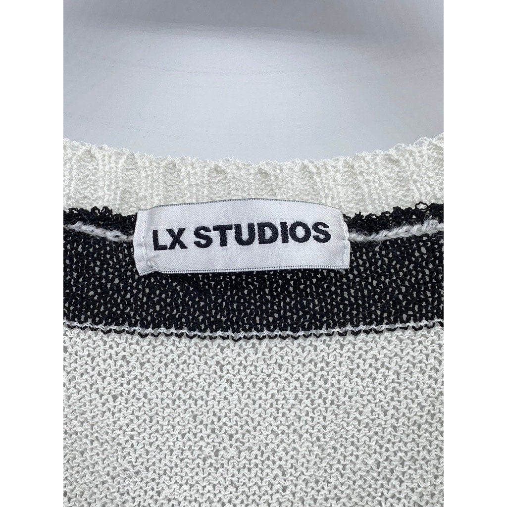 LX STUDIOS Women's Black-Cream Striped Crewneck Asymmetrical Hem Knit Top SZ S