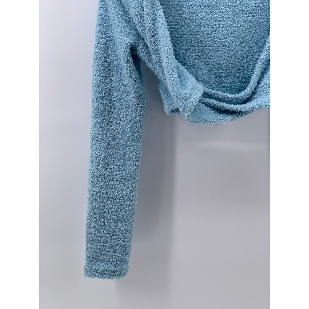 SIMPLEE Women's Blue Textured Long Sleeve Twist Front Crop Top SZ S