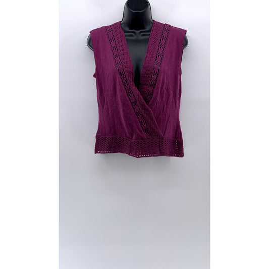 BANDOLINO Women's Maroon Eyelet Surplice Sleeveless Faux-Wrap Top SZ S