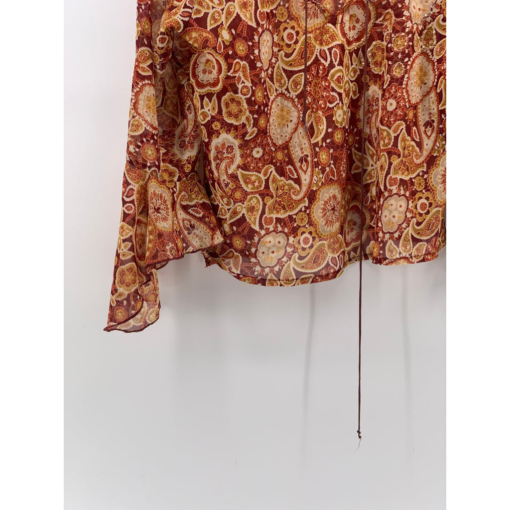 HOKUSPOKUS Women's Vintage Y2K Orange Floral Sequin Long Bell Sleeve Top SZ L