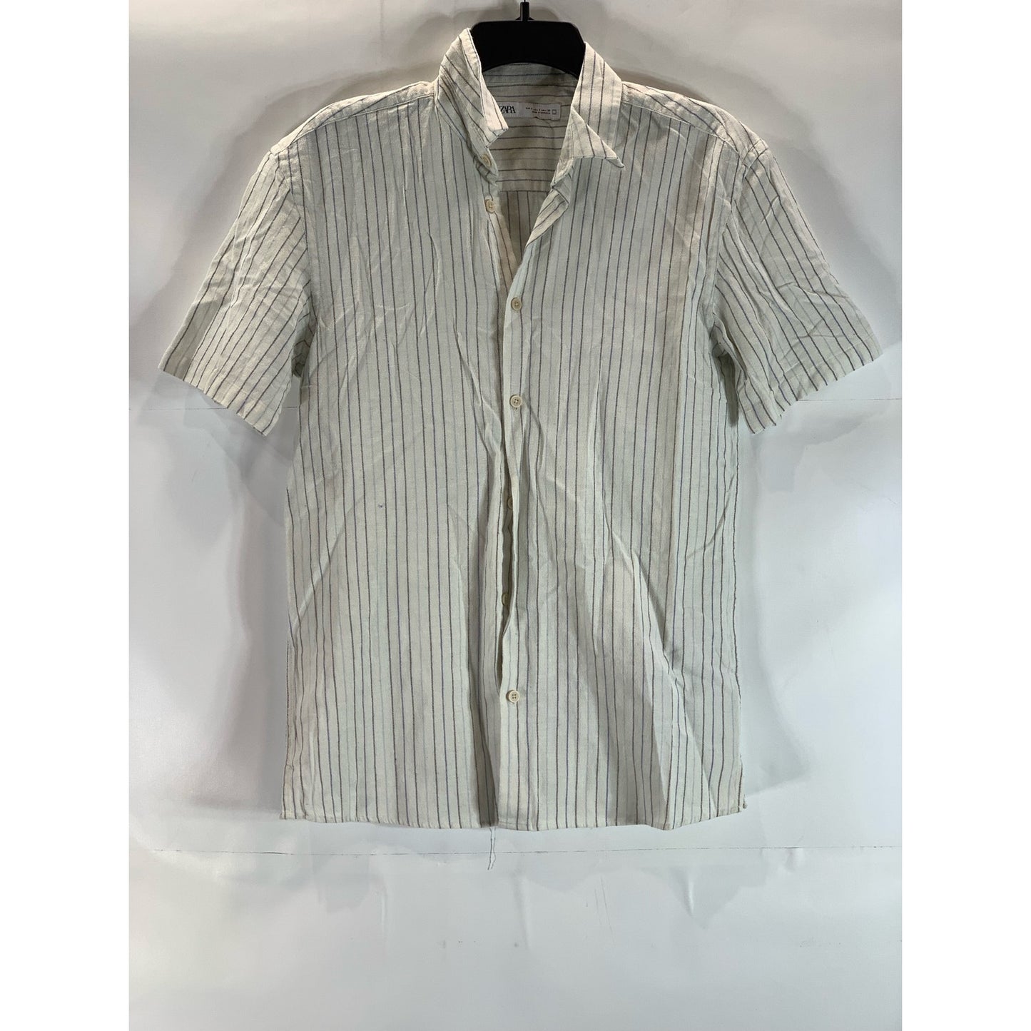 ZARA Men's White Striped Regular-Fit Button-Up Short Sleeve Shirt SZ S