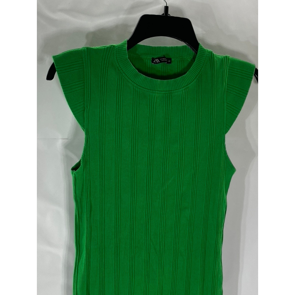 ZARA Women's Green Rib Knit Crewneck Cap Short Sleeve Mini A-Line Dress SZ M