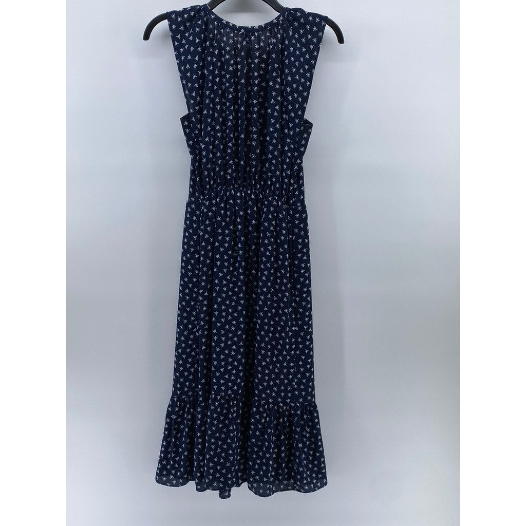 J.CREW MERCANTILE Women's Blue-White Printed Split-Neck Midi A-Line Dress SZ XXS