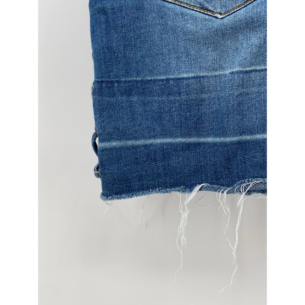 BLACK LABEL C'EST TOI Women's Blue Denim Frayed Lace-Up Straight Mini Skirt SZ M