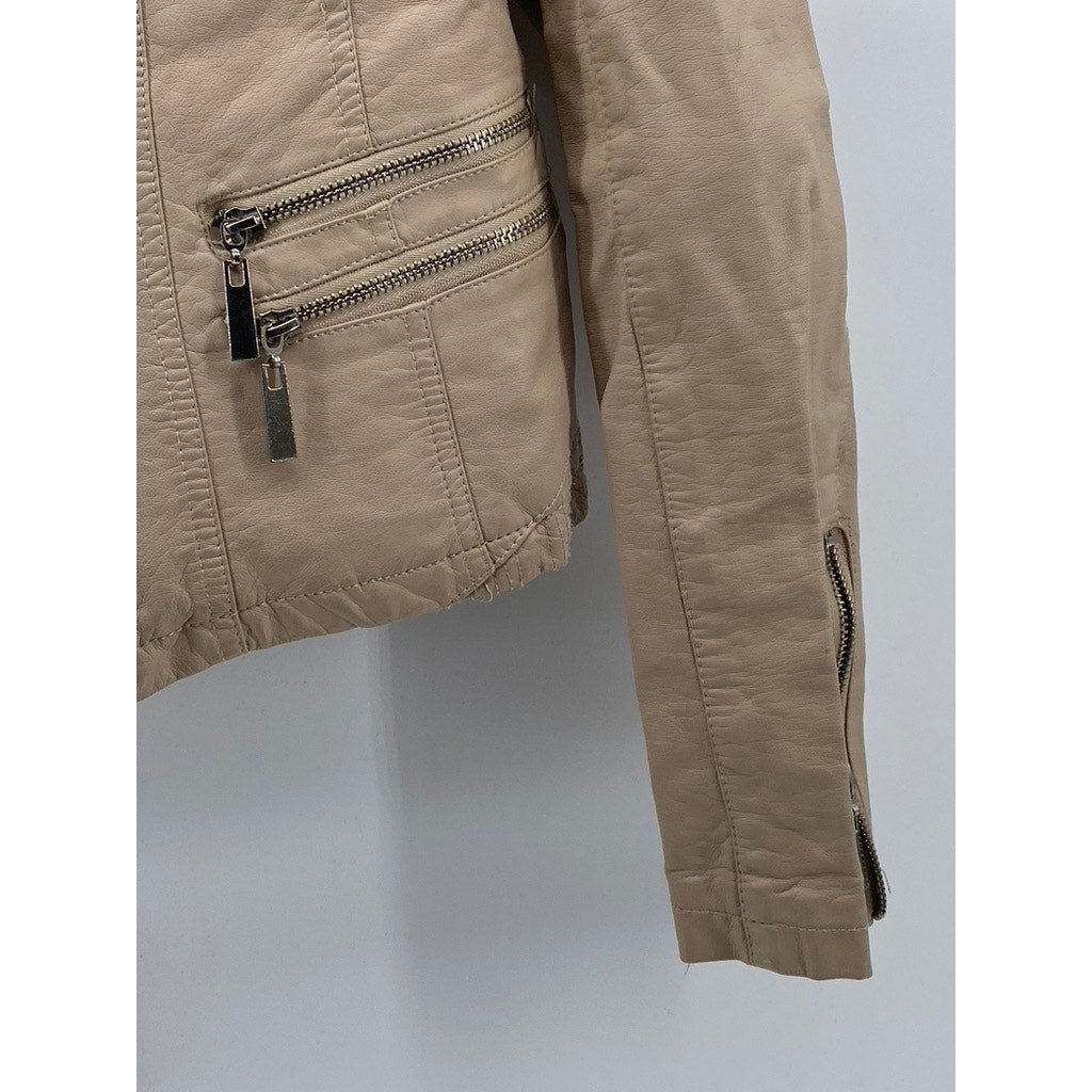 JOUJOU Women's Beige Faux-Leather Collarless Zip-Up Moto Jacket SZ M