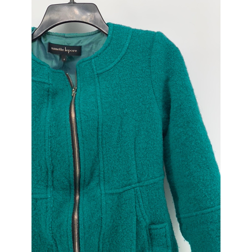NANETTE LEPORE Women's Blue-Green Wool-Blend Zip-Up Coat SZ 4