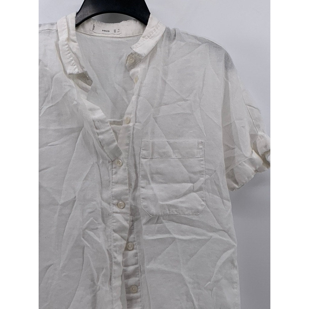 MNG Women's White Linen Button-Up Short Sleeve Top SZ 2