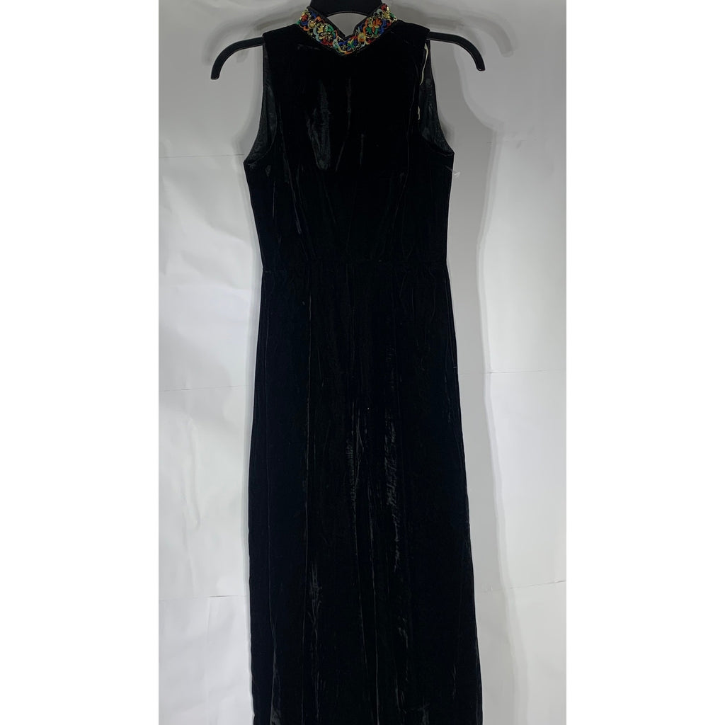 ILGWU Women's Vintage Black Velvet Embroidered Mock-Neck Sleeveless Jumpsuit SZS