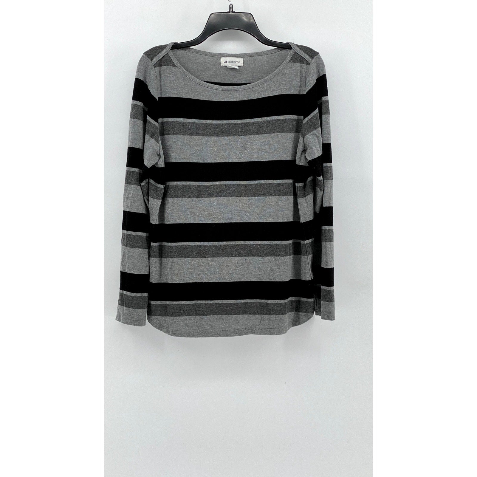 LIZ CLAIBORNE Women's Gray-Black Striped Boat-Neck Top SZ XL