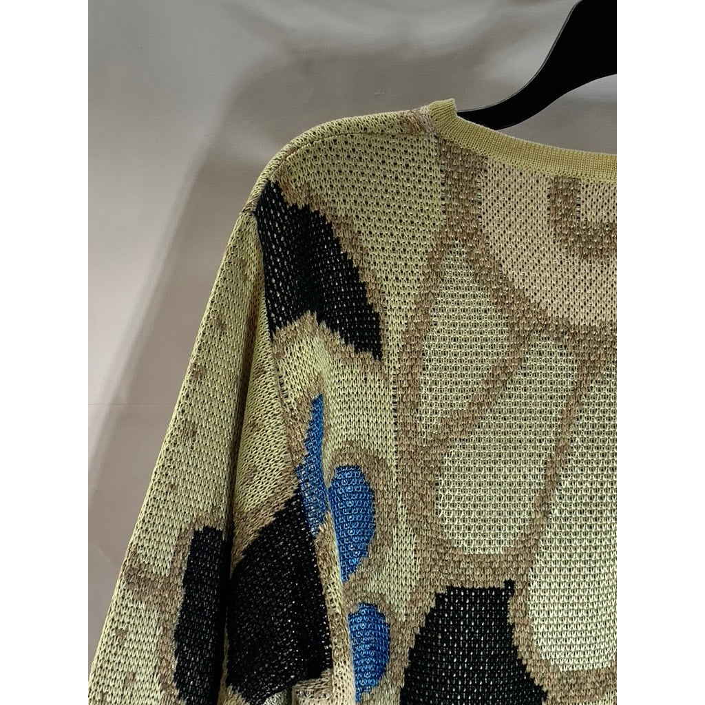 J.T Martin Women's Vintage Tan/Black/Blue Printed Crewneck Knit Sweater SZ 14